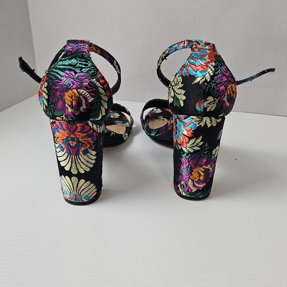 Brash Black Metallic Floral Brocade Print Open Toe Sandal Chunky Heal Size 6.5 - Picture 4 of 6
